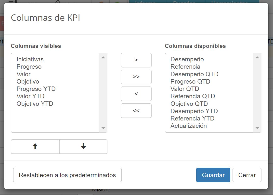 Personalización de columnas de tabla KPI