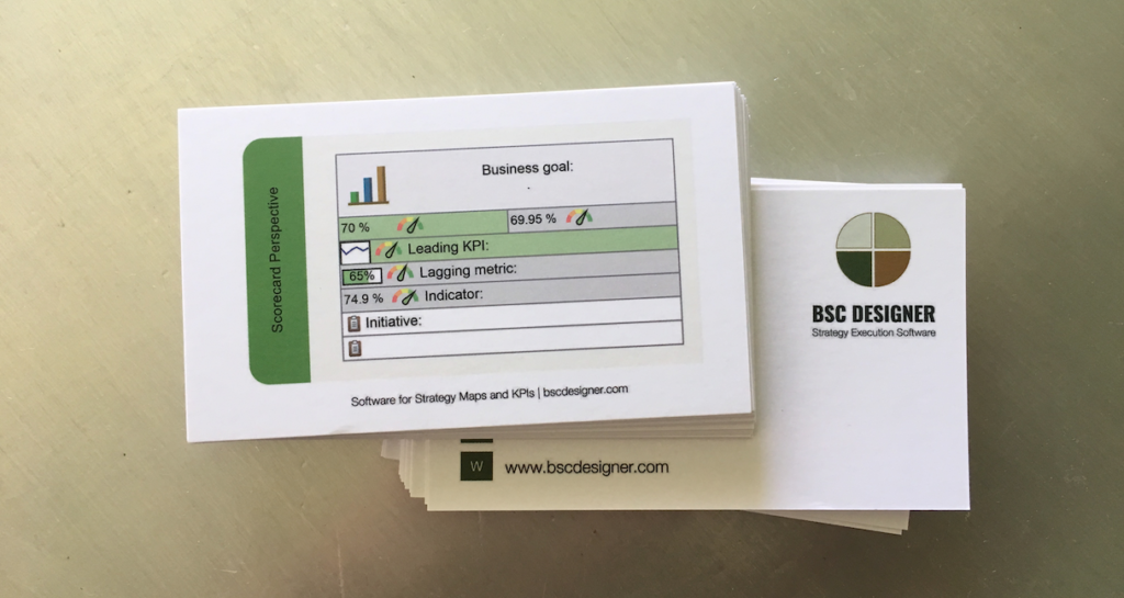 BSC Designer - ejemplo de tarjeta de presentación – en un lado se muestra una plantilla del objetivo del negocio