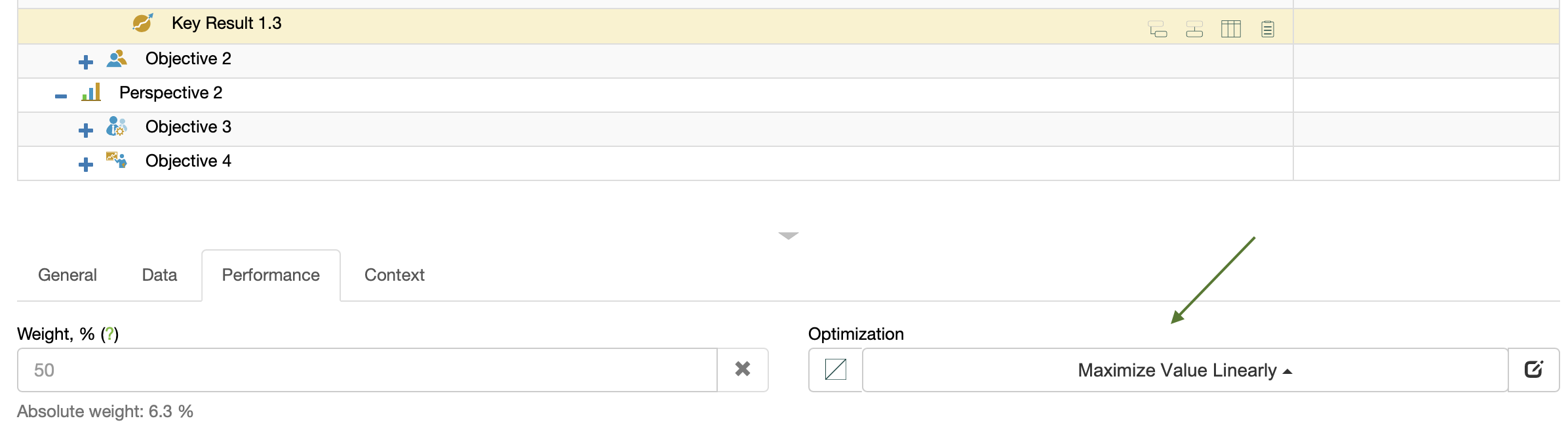 Customize performance function of a key result.