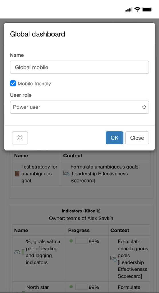 Mobile friendly check box activated for the dashboard